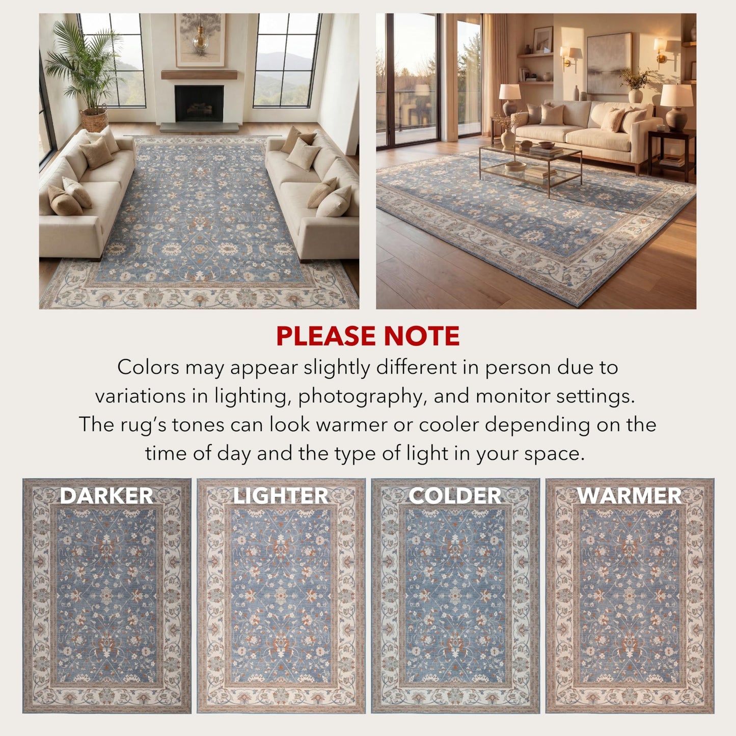 Kuden 6x9 Area Rug, Machine Washable Area Rug with Non-Slip Backing, Vintage Style, Soft, Easy Clean, Low Pile Rug for Living Room, Bedroom, Dining Room