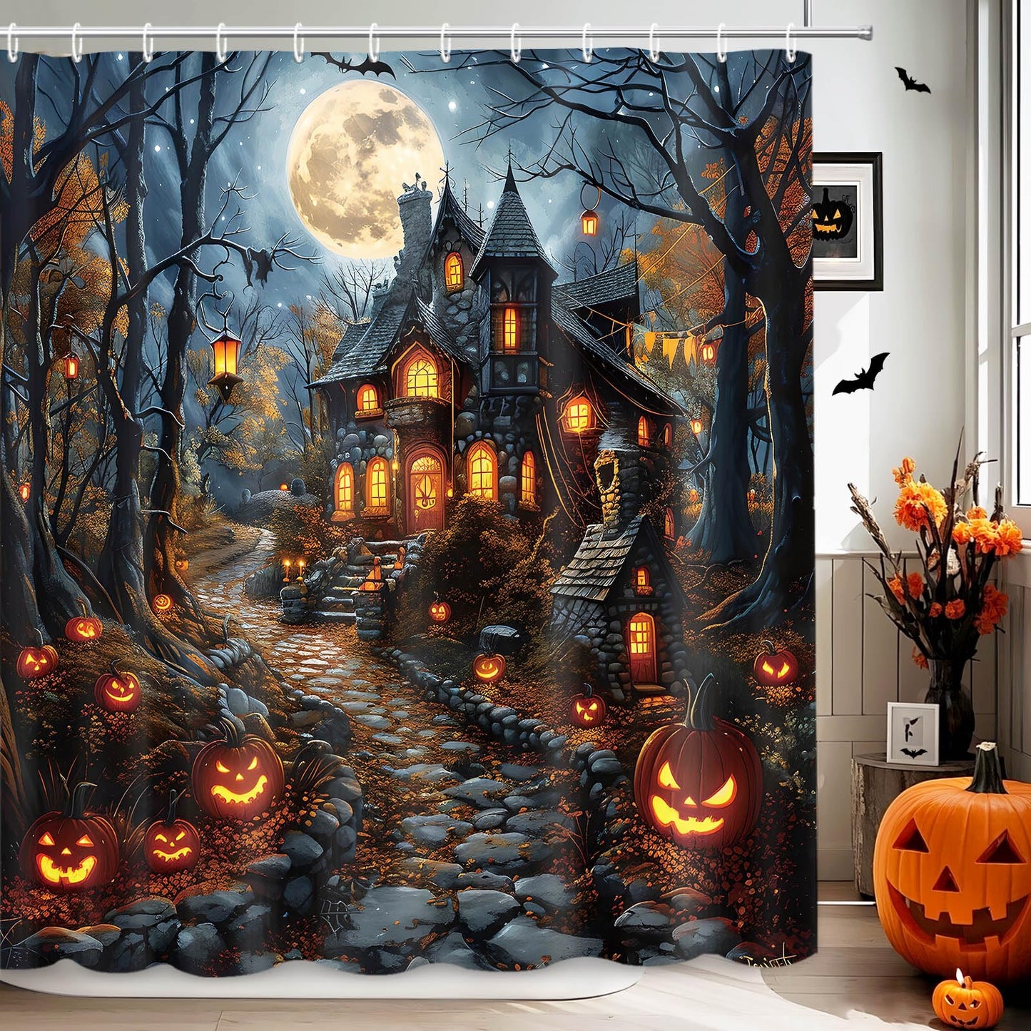 MEHOFOND Halloween Shower Curtain Scary Haunted House Evil Pumpkin Shower Curtains for Bathroom Halloween Full Moon Night Horror Castle Forest Bathtub Decorative Waterproof Fabric 72x72 Inch