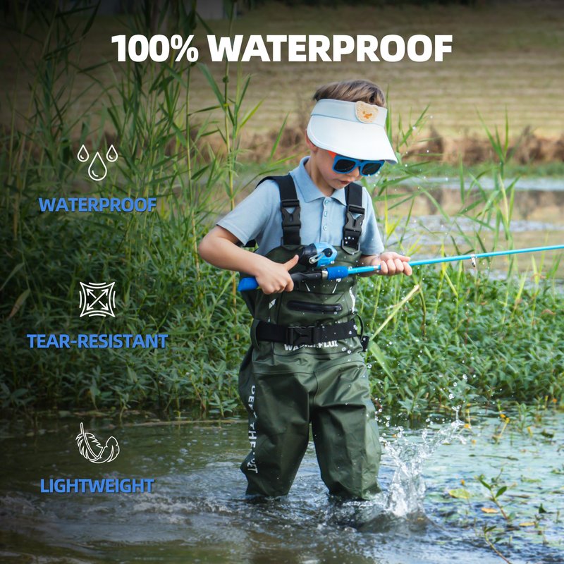 wasserflux Kids Chest Waders with Boots – Waterproof PVC Youth Waders with Reflective Strips & Reinforced Knees, Lightweight Fishing Waders, Green 8/9T