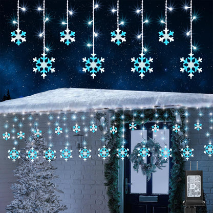 Christmas Snowflake Lights, 10.66ft 168 LED Icicle Lights Outdoor with 14 Drops, 8 Modes Waterproof Connectable Christmas Light for Eaves Wedding Garden Yard Indoor Xmas Decor (White & Icicle Blue)