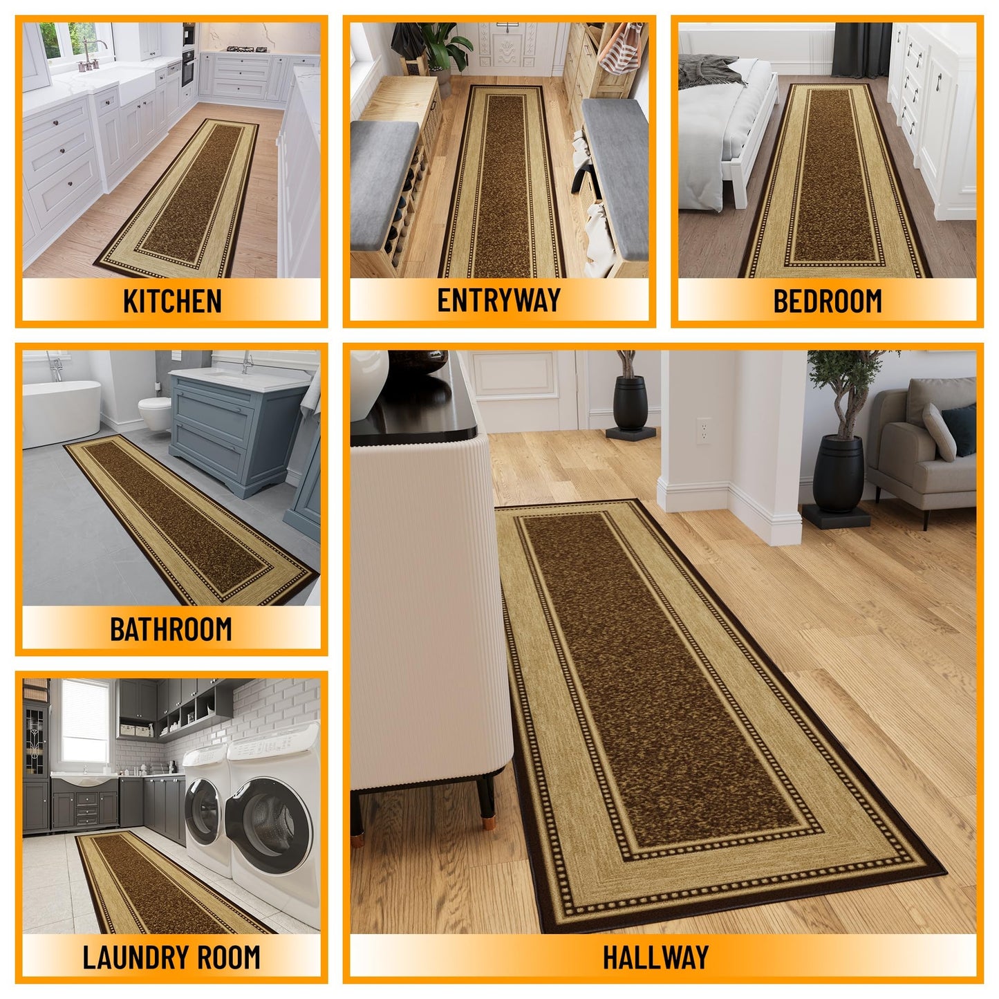 Ottomanson Hallway Runner Rug 2'7" x 9'10" – Non Slip Rubber Backed Carpet Runner for Hallways, Entryway, Living Room, Long Low Pile Indoor Floor Runner Rug, Border Brown