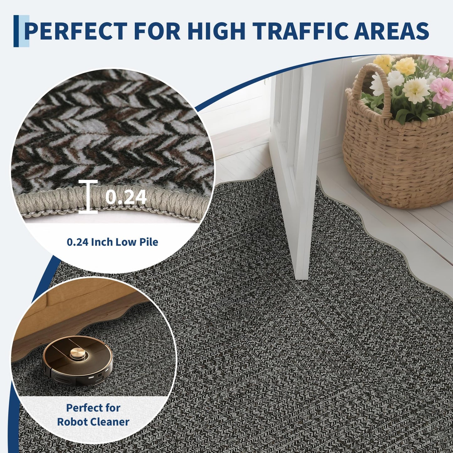 GAOMON Area Rug 4x6 Entryway Rugs Washable Rug Modern Braided Print Rugs for Living Room Non-Slip Non-Shedding Aesthetic Bedroom Carpet Farmhouse Home Office Foldable Thin Floor Mat Scalloped Grey
