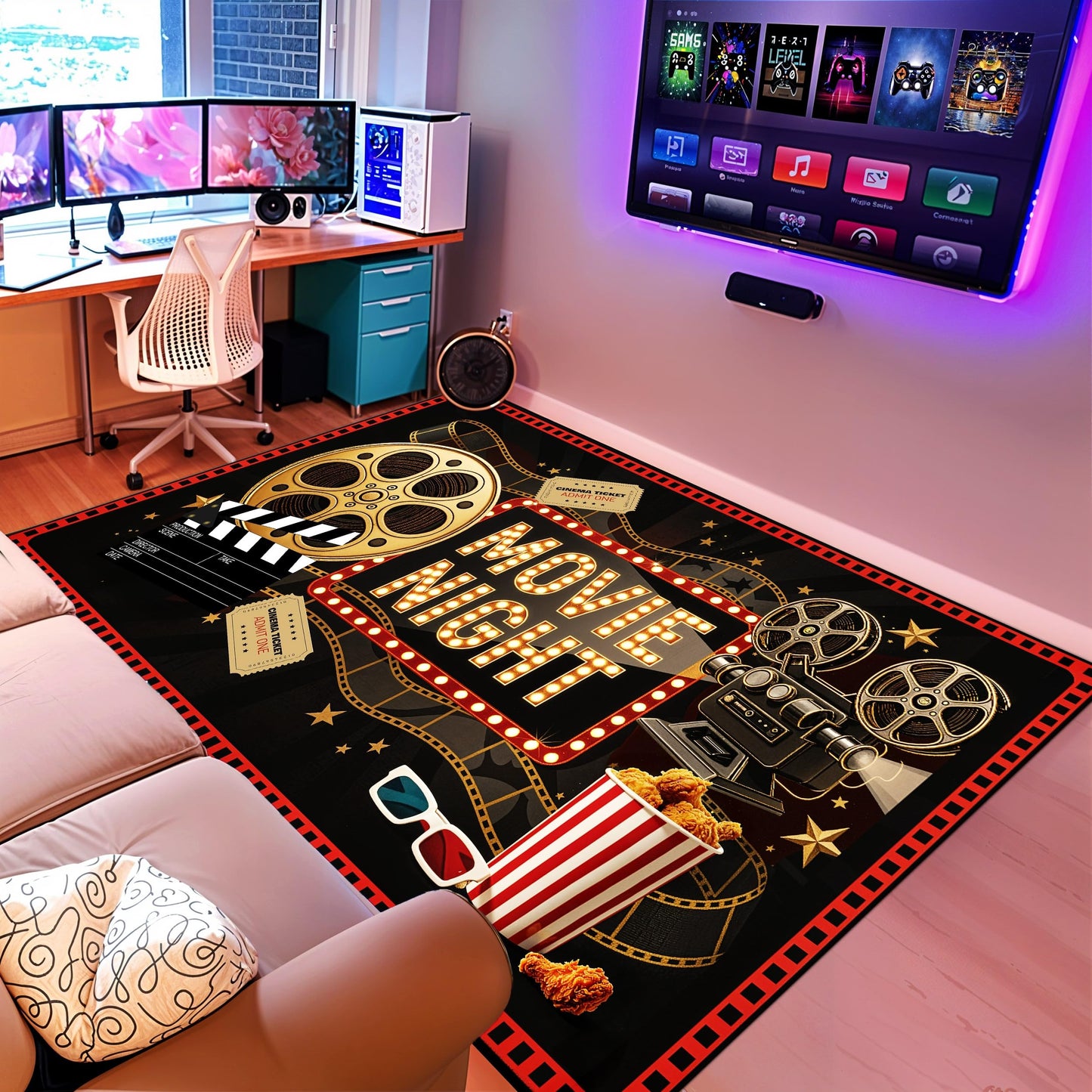Movie Theater Rug 3x5 ft for Home Theater Room, New Materials, Non-Slip, Stain Resistant, Waterproof, Easy to Clean, Cinema Theme Carpet for Movie Room, Media Room 02