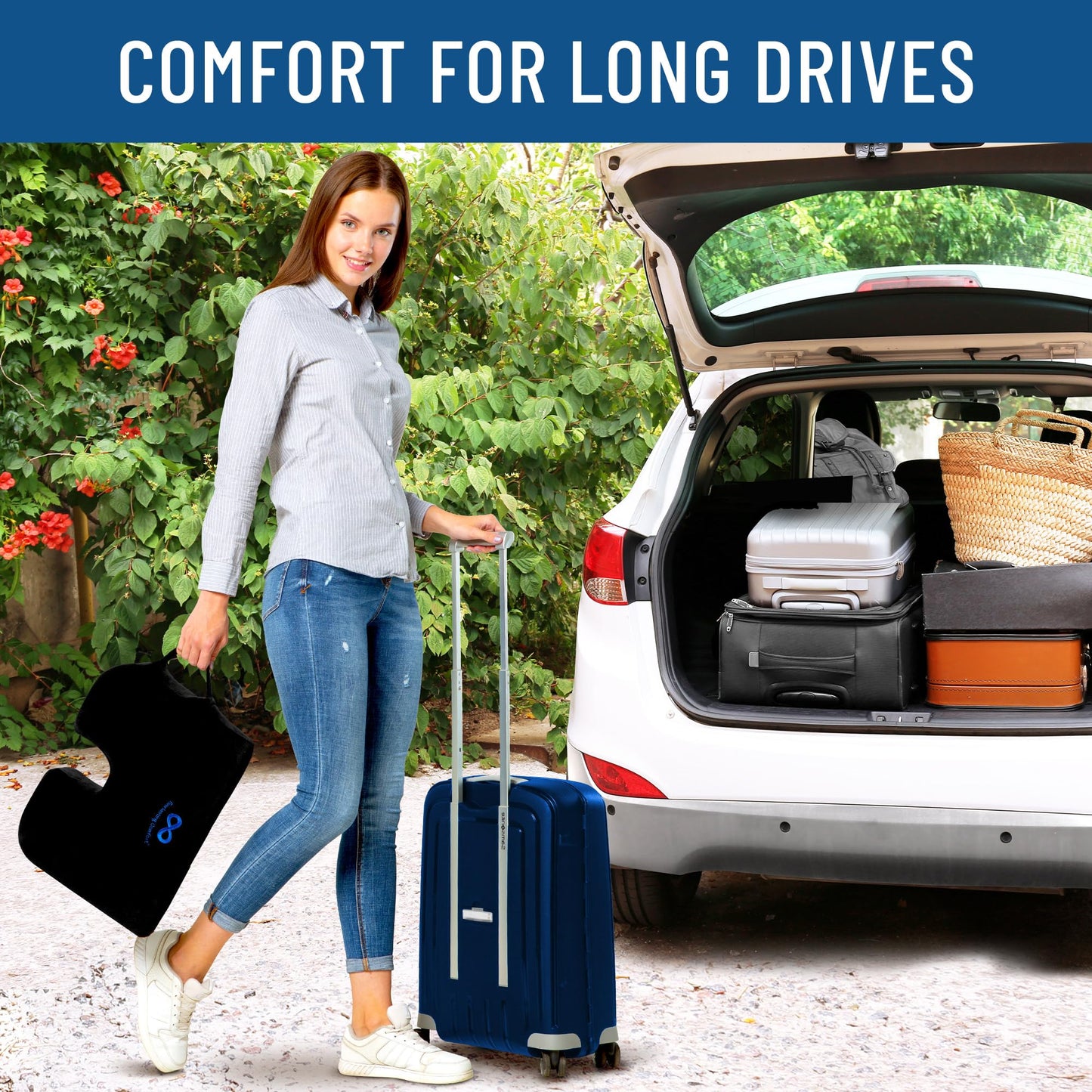 Everlasting Comfort Car Seat Cushion for Driving - Wedge Car Cushion for Office, Travel, Gaming Chair - Memory Foam Booster Seat - Non-Slip, Washable Cover