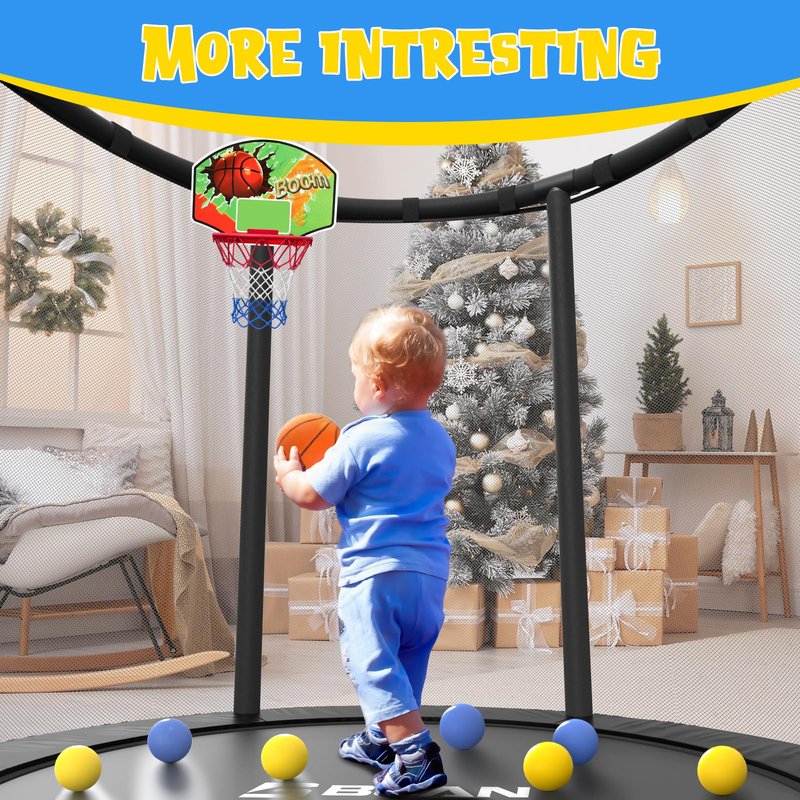 BCAN 55" Trampoline for Kids with Thickened Enclosure Net, Toddler Trampoline Indoor/Outdoor with Adjustable Gymnastics Bars & Basketball Hoop,Gifts for Boys & Girls Ages 1 to 8