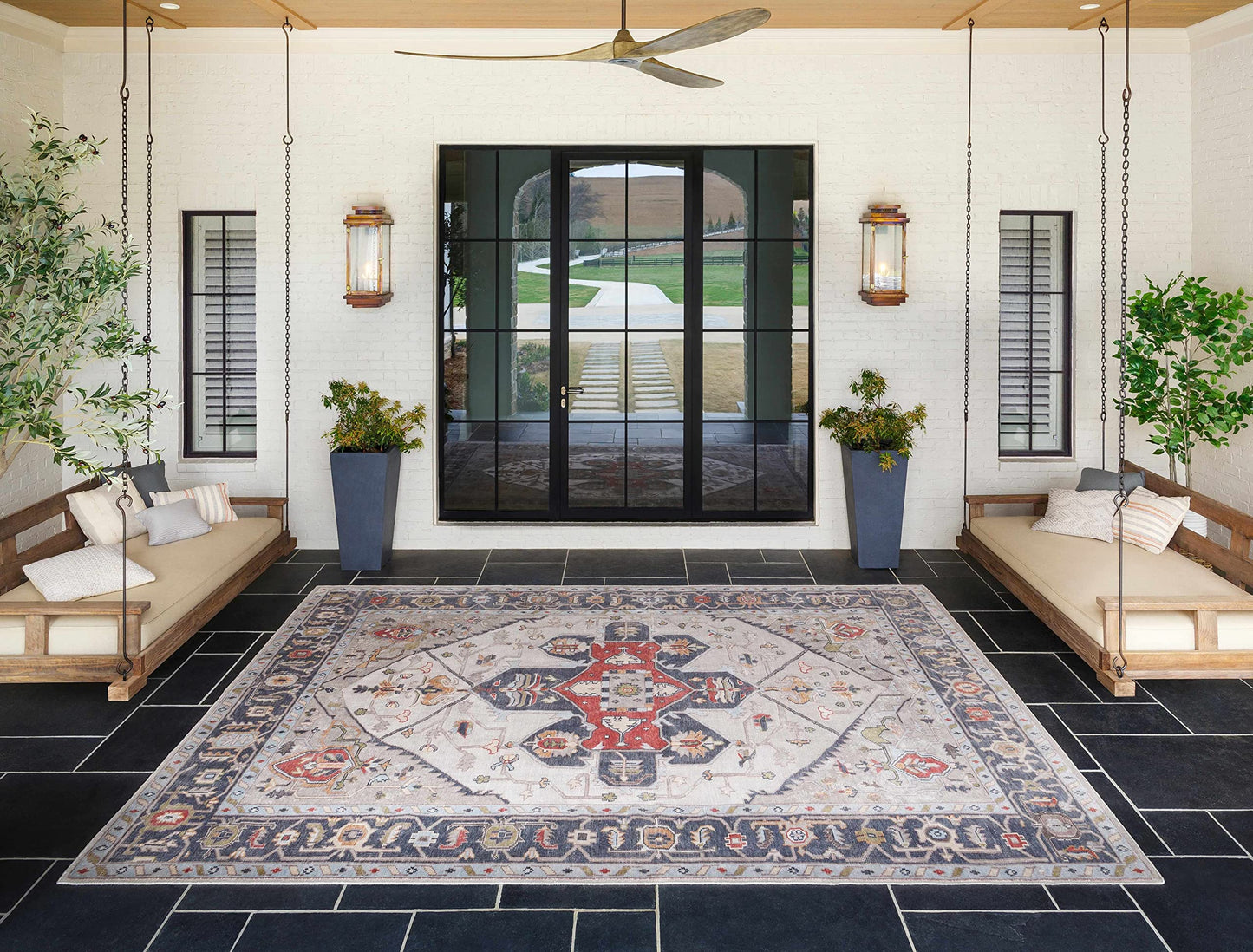 Hauteloom Hinapalanan Recycled Material Area Rug - Medallion Border Floral Geometric Distressed - Traditional Oriental Transitional - Medium Gray, Light Gray, Charcoal, Cream, Brown - 2' x 3'
