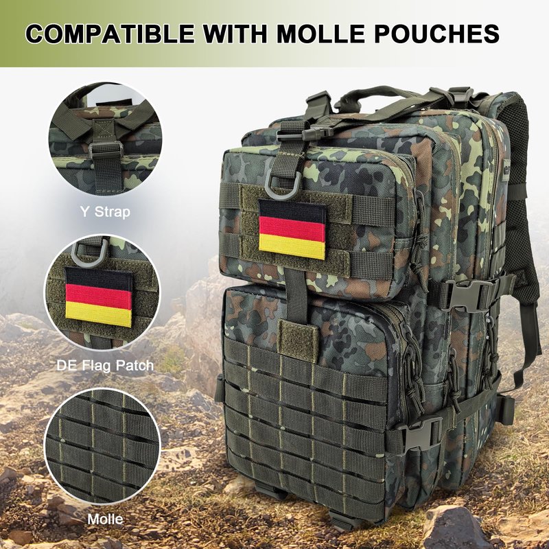Hannibal Tactical MOLLE Assault Backpack, Tactical Backpack Military Army Camping Rucksack, 3-Day Pack Trip w/USA Flag Patch, D-Rings, Flecktarn