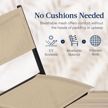 Best Choice Products 3-Piece Patio Bistro Dining Furniture Set w/Textured Glass Tabletop, 2 Steel Folding Chairs, Polyester Fabric - Beige