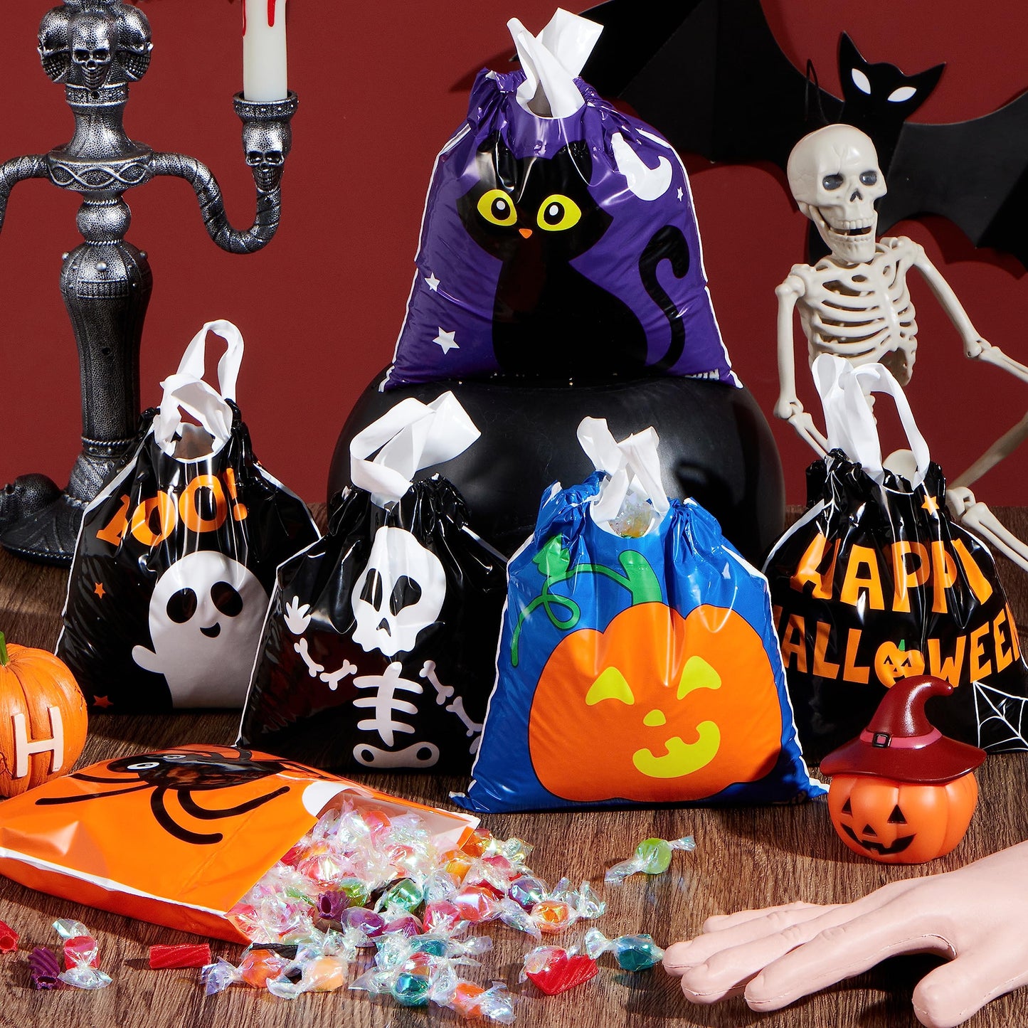 JOYIN 96 Pcs Halloween Drawstring Candy Bags, Small Trick or Treat Goodie Bags Bulk, 6 Designs Halloween Plastic Gift Bag for Kids Trick or Treating, Boys Girls Party Favors Supplies, Classroom Gifts