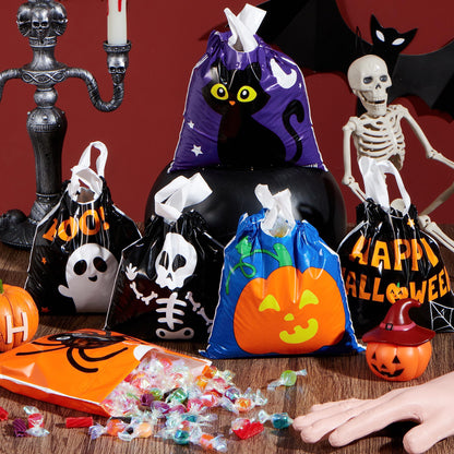 JOYIN 96 Pcs Halloween Drawstring Candy Bags, Small Trick or Treat Goodie Bags Bulk, 6 Designs Halloween Plastic Gift Bag for Kids Trick or Treating, Boys Girls Party Favors Supplies, Classroom Gifts