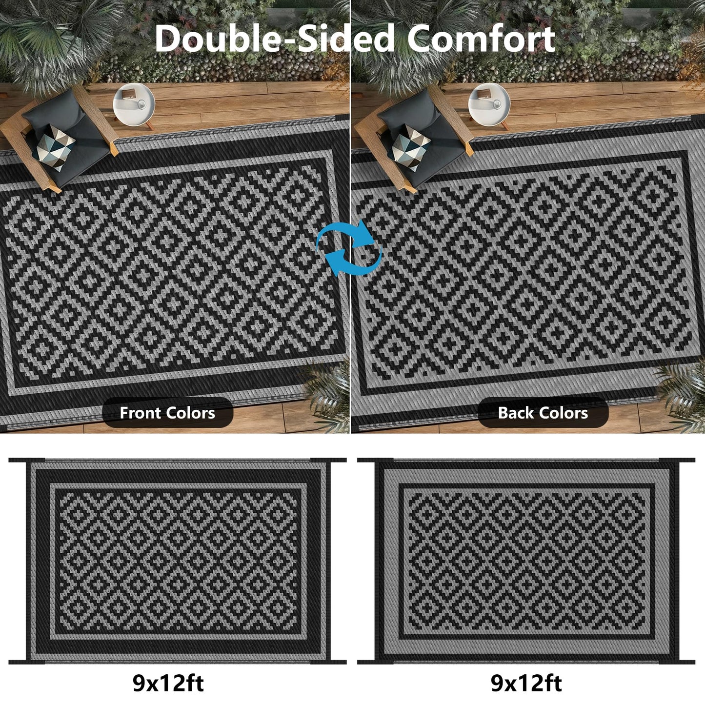 Kohree RV Outdoor Rug 9x12 Reversible, Waterproof Patio Mat with 4 Stakes & UV Fade Resistant, Non-Slip Outdoor Camping Mat for Deck, Picnic, Backyard, Includes Carry Bag (Black & Grey)