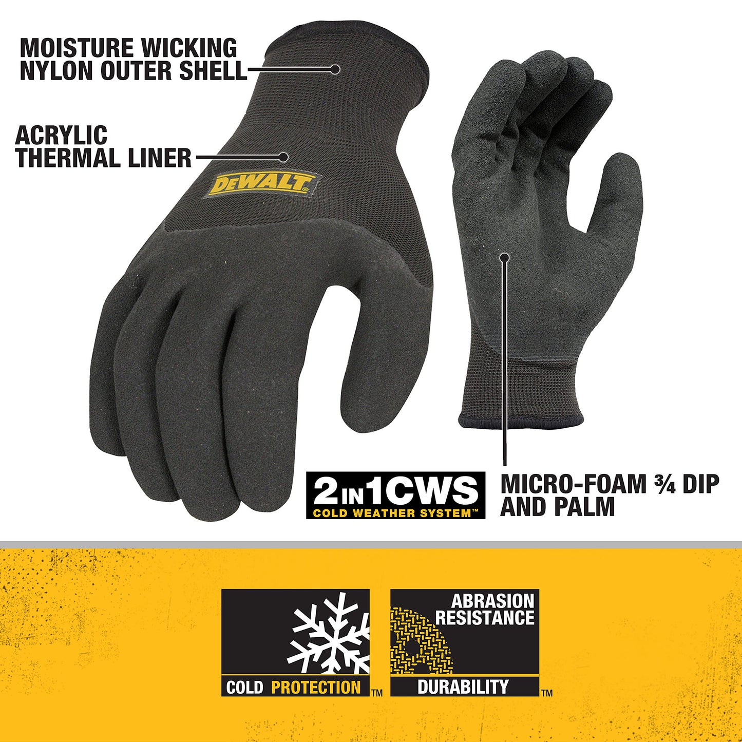 Dewalt DPG737L Thermal Insulated Grip Glove 2 in 1 Design, Large, Black/Yellow