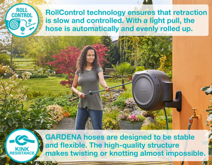 GARDENA 20505, 100' Retractable Garden Hose Reel with US Hose Threads - 100' x 1/2" hose, Automatic Retraction & Length Lock for Easy Watering. Heavy Duty Swivel Bracket 180°, Includes Nozzle.