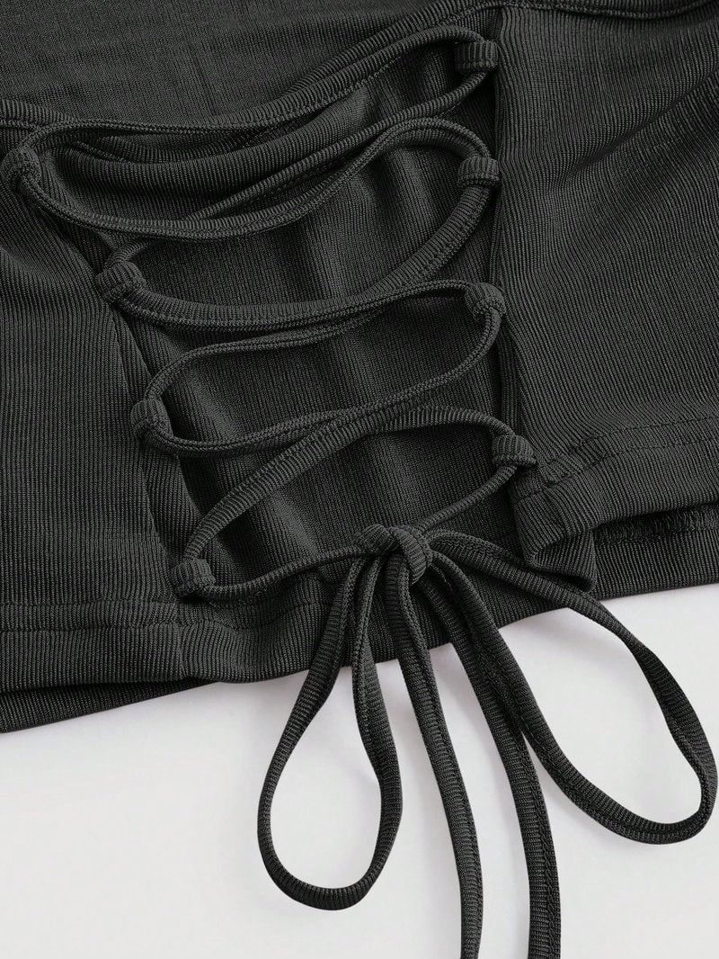 SOLY HUX Women's Cowl Neck Crop Camisole Top Lace Up Ruched Sleeveless Y2k Tops Plain Black Small