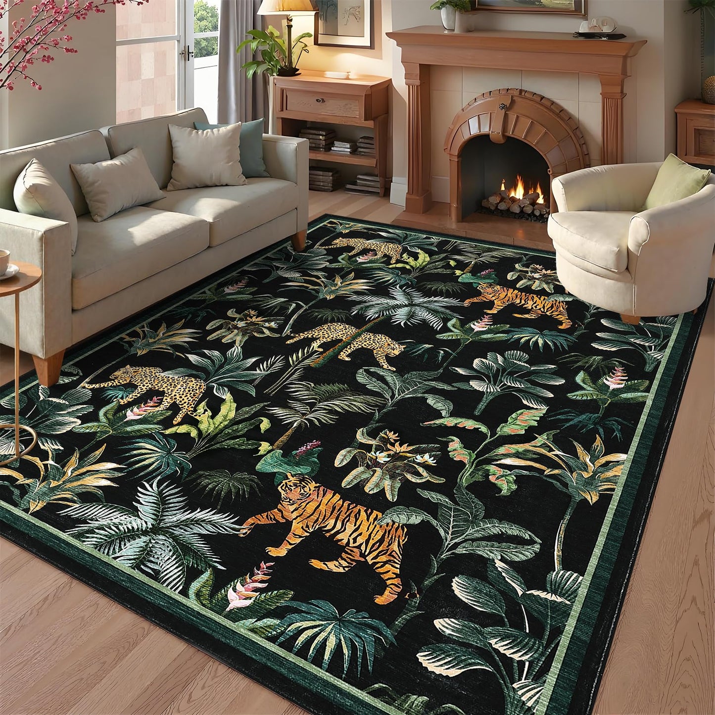 GAOMON Tiger Leopard Animals 9x12 Area Rug Large Washable Rugs for Living Room Bedroom Non Slip Soft Kids Rug Botanical Animal Print Foldable Indoor Carpet for Dining Room Office Nursery Dorm Black
