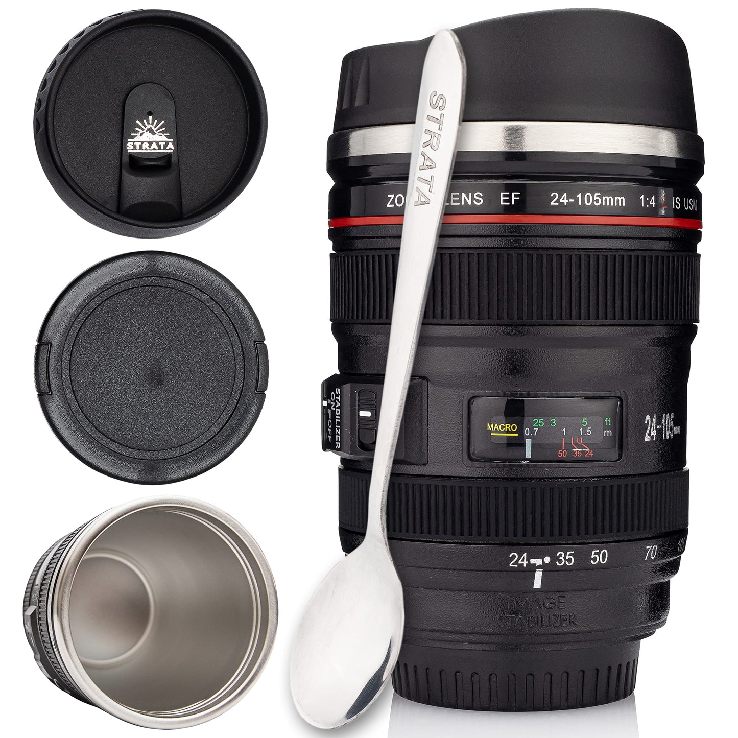 STRATA CUPS Camera Lens Coffee Mug -13.5oz | (2 LIDS + SPOON + BAG) Gift for Him, Dad Gifts, Photography, Camera accessories, Novelty Gifts