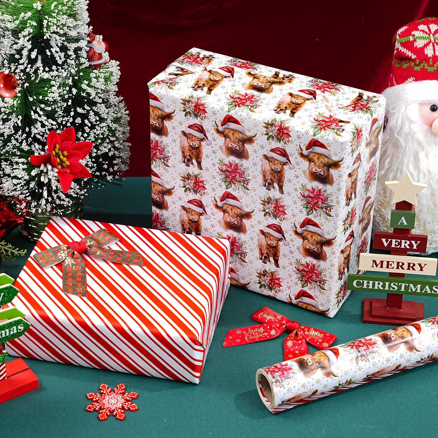 ZINTBIAL Highland Cow Reversible Christmas Wrapping Paper Roll - Gift Wrap with Red & White Stripes on Reverse - Perfect for Holidays, Birthdays, and Halloween - 17.5 in x 33 ft (48 sq. ft)