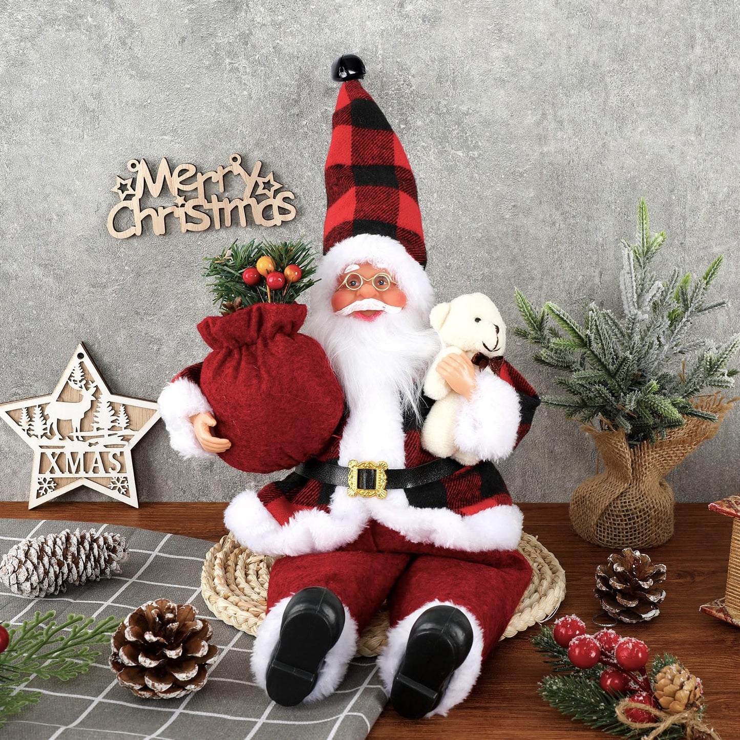 AnyDesign Christmas Sitting Santa Hand Crafted Cute Chic Santa Claus Figurines Doll with Gift Bag and Little Bear Christmas Decoration for Home Office Table Xmas Party Ornament Gift (12 Inch)
