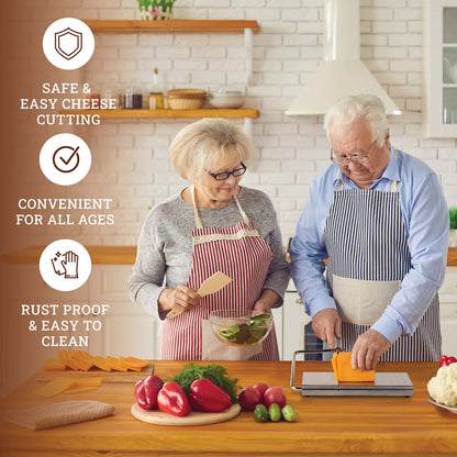 Cheese Slicer with Wire for Block Cheese - Adjustable Stainless Steel Cheese Cutter with Precision Scale, Ergonomic Design, 8 Replacement Wires - Perfect for Cheese Boards, Charcuterie, Kitchen Gadget