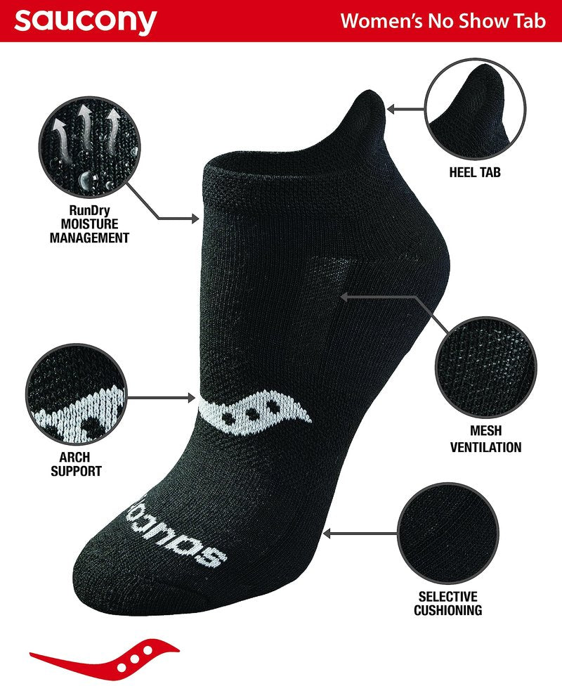 Saucony Women's RunDry Performance 8, 16 Pairs Heel Tab Athletic Socks, S-L, Black Solid (8 Pairs), Medium