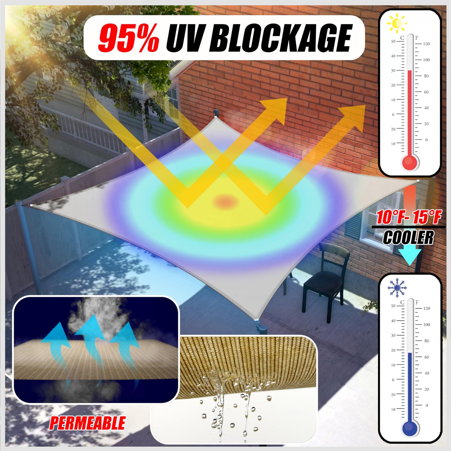 ColourTree 12' x 12' x 12' Beige Triangle CTAPT12 Sun Shade Sail Canopy Mesh Fabric UV Block UPF50 - Commercial Heavy Duty - 190 GSM - 3 Years Warranty (We Make Custom Size)