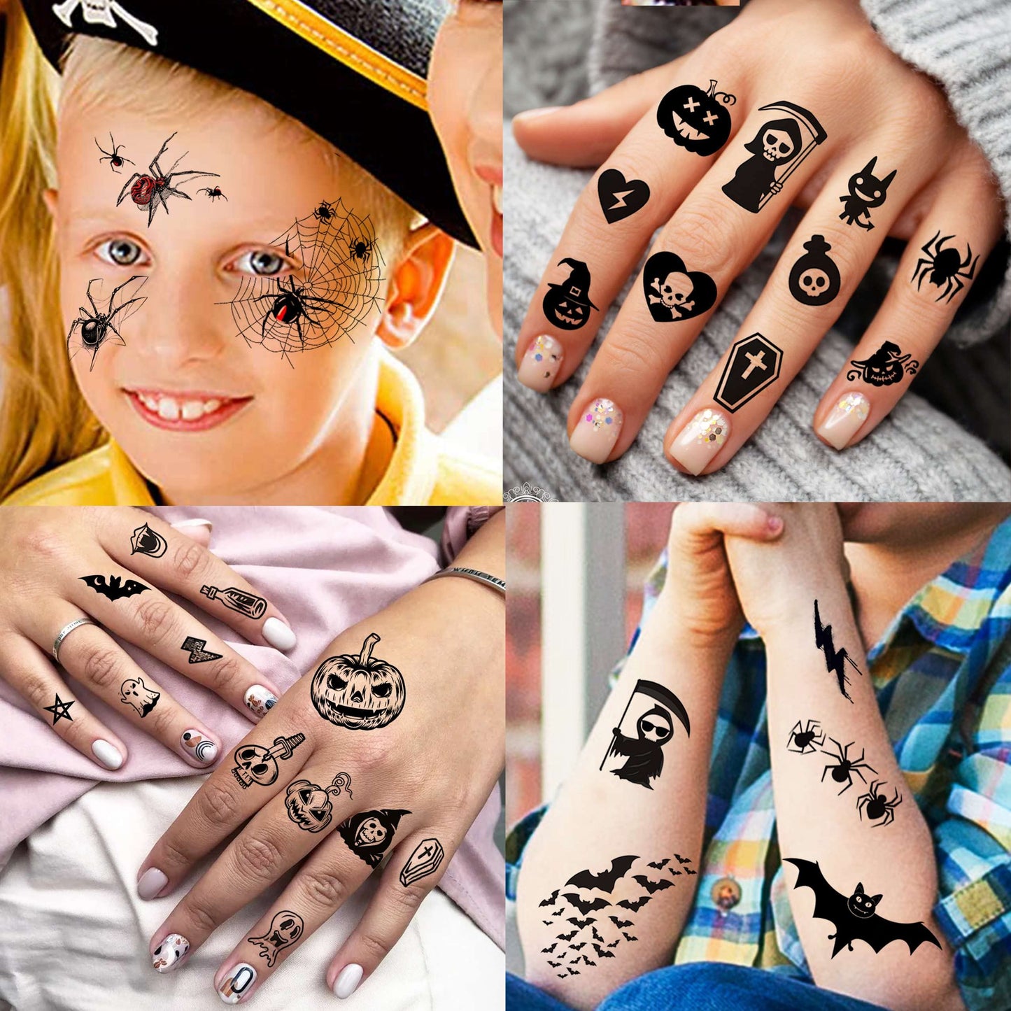 TASROI 236+ PCS 45 Sheets Halloween Temporary Tattoos For Kids Zombie Makeup Kits 3D Bats Spider Web Witch Small Black Ghost Pumpkin Face Stitches Fake Scar Tattoo Stickers For Women Adult Men Skull