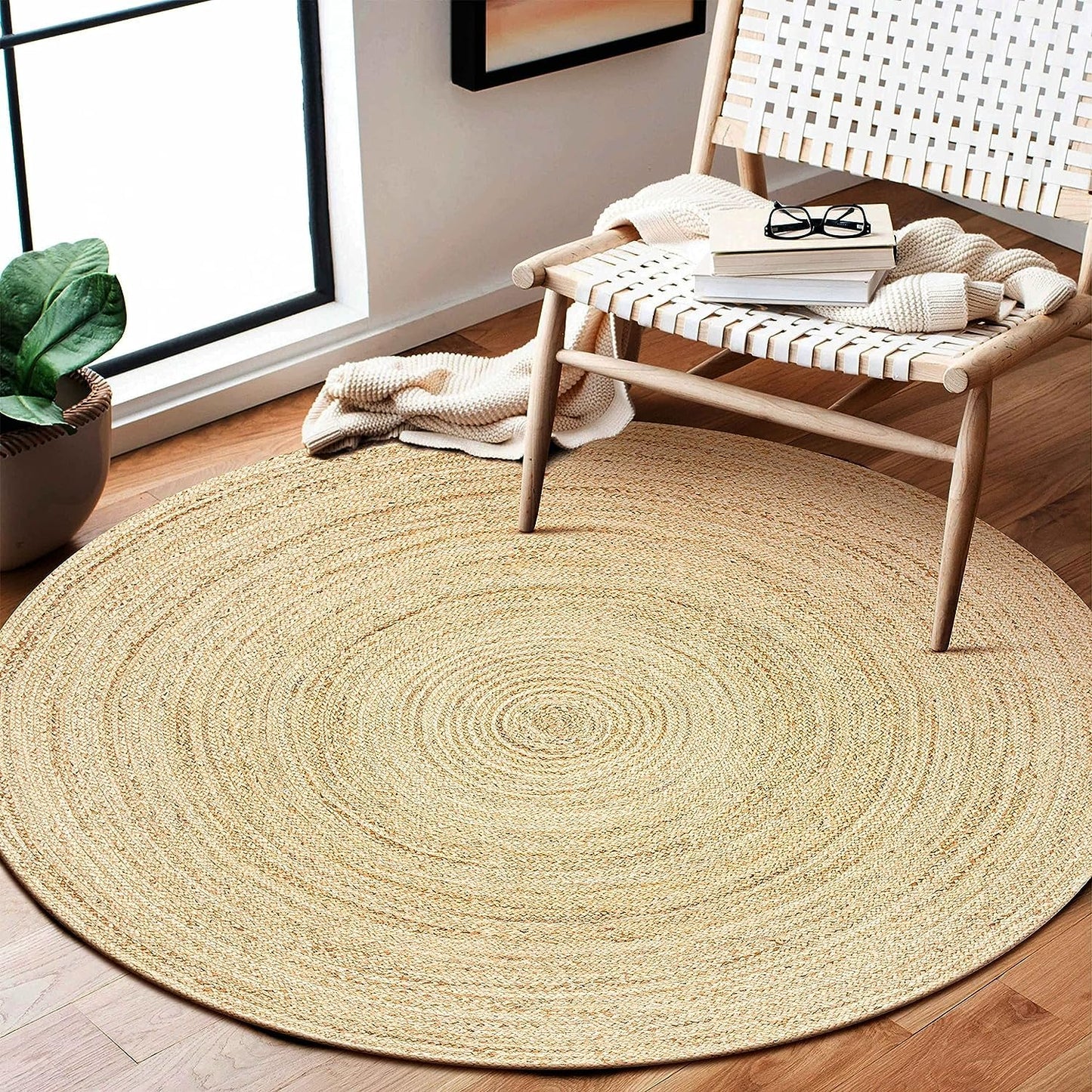 KEMA Natural 3ft Jute Braided Round Area Rug,Handmade Reversible Boho Farmhouse Rug, Rustic Vintage Handwoven Carpet for Living Room, Bedroom, Entryway