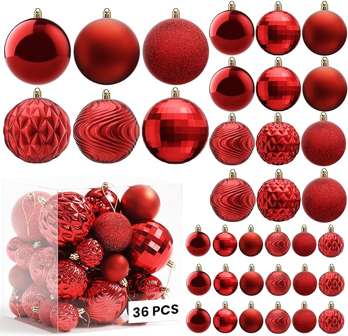 Annecy Christmas Tree Ornaments - 36 PCS Shatterproof Christmas Ball Ornaments Set for Holiday, Wreath & Party Decorations (Multi-Size, Red)