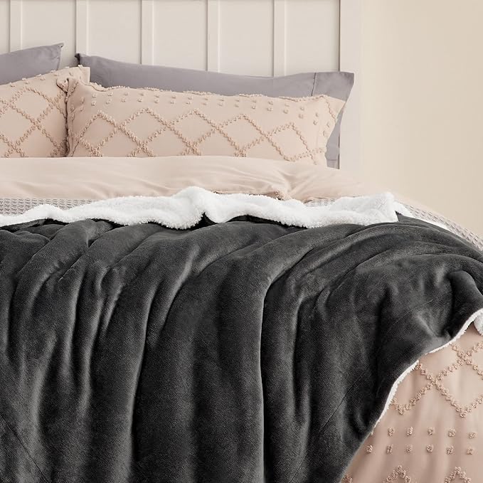 Bedsure GentleSoft Sherpa Fleece Throw Blanket Twin Size for Couch - Thick and Warm Throw for Men, Soft Fuzzy Plush Twin Blanket for Winter, Charcoal, 60x80 Inches