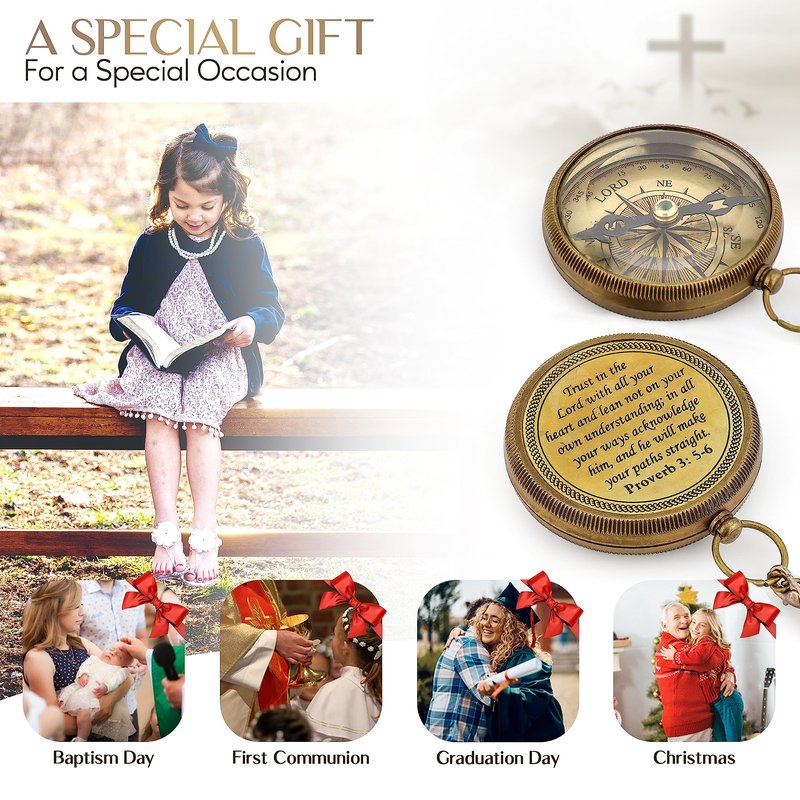 God is My Guide Brass Compass Gift with Display Box - Engraved Scripture Prayer Compass Religious Gift for Men & Women - Baptism, Confirmation, Communion Compass for Boys Graduation Gift (Aged Brass)