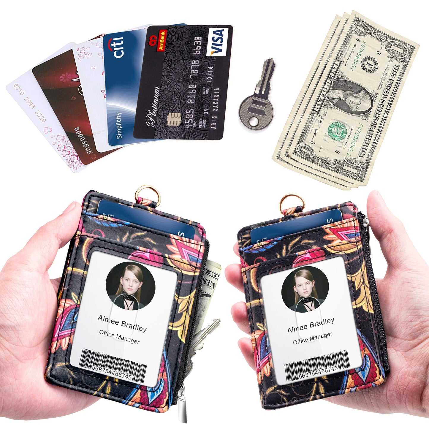 ELV Badge Holder with Zipper, ID Badge Card Holder Wallet with 5 Card Slots, 1 Side RFID Blocking Pocket and 20 inch Neck Lanyard Strap for Offices ID, School ID, Driver Licence