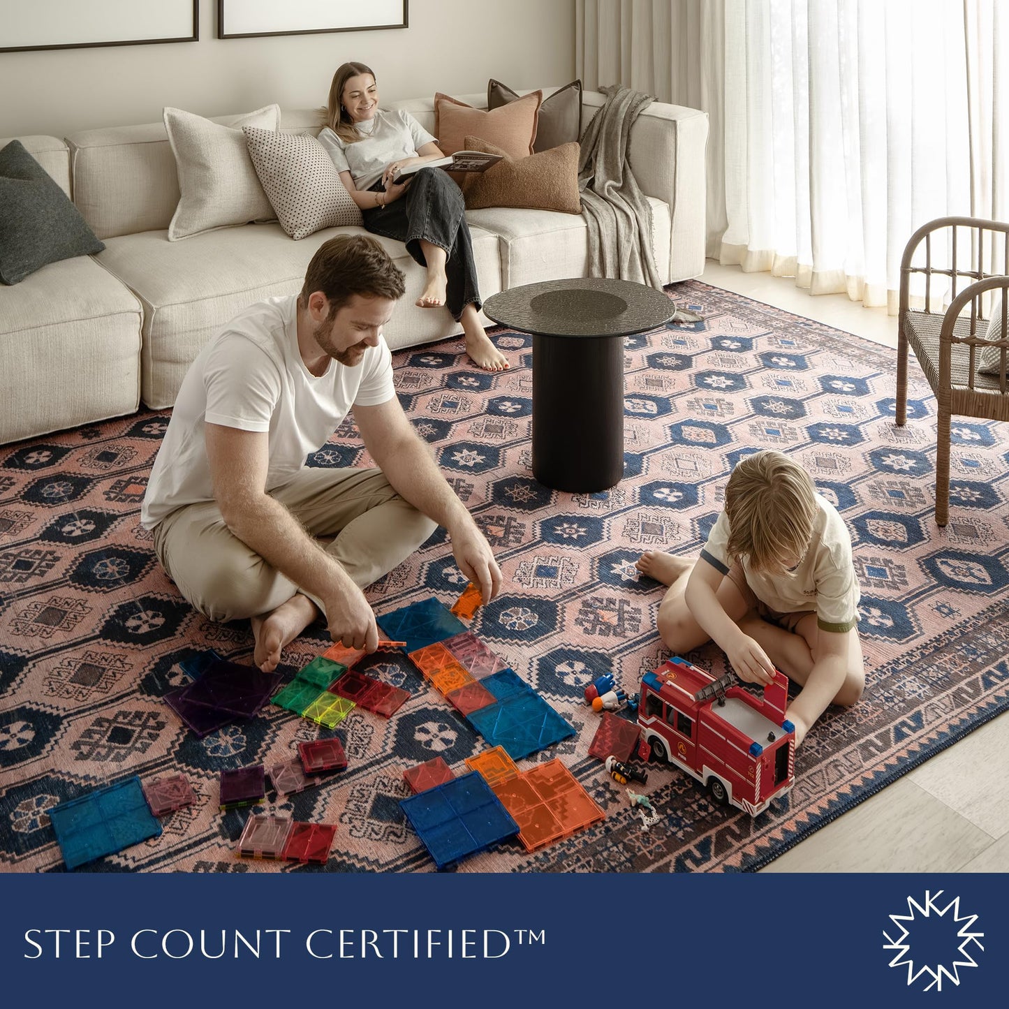KNOTTING MATTERS Indiclay 7’6” x 9’6” Area Rug – Blush Pink & Deep Navy Heritage Flatweave, Low-Pile – Easy Clean Area Rug – Perfect for Living Room, Dining Room, Bedroom – Pet & Kid Friendly