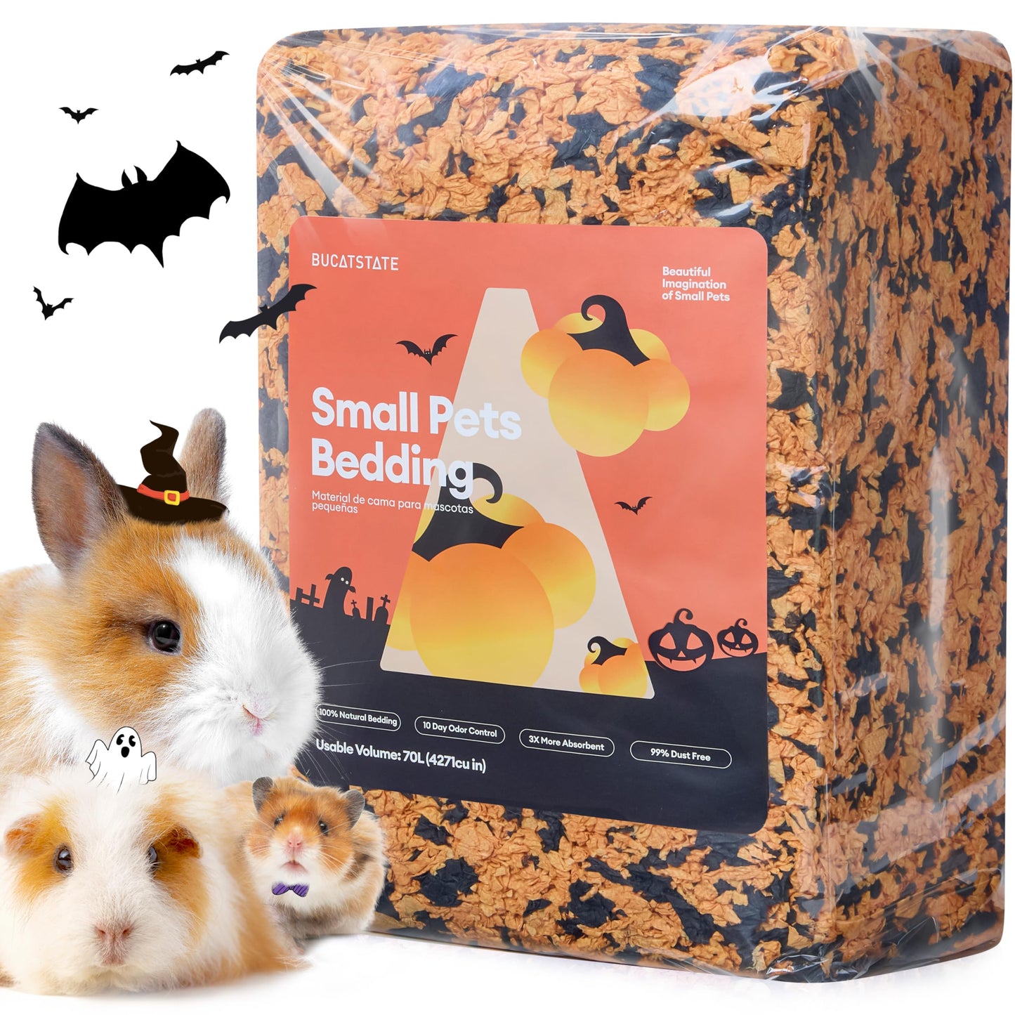 BUCATSTATE Hamster Bedding 70L, 99% Dust-Free Guinea Pigs Bedding Odor Control, Cozy Paper Small Animal Beddings for Rabbit Rat Syrian Dwarf Hamsters Gerbils (Halloween Décor)