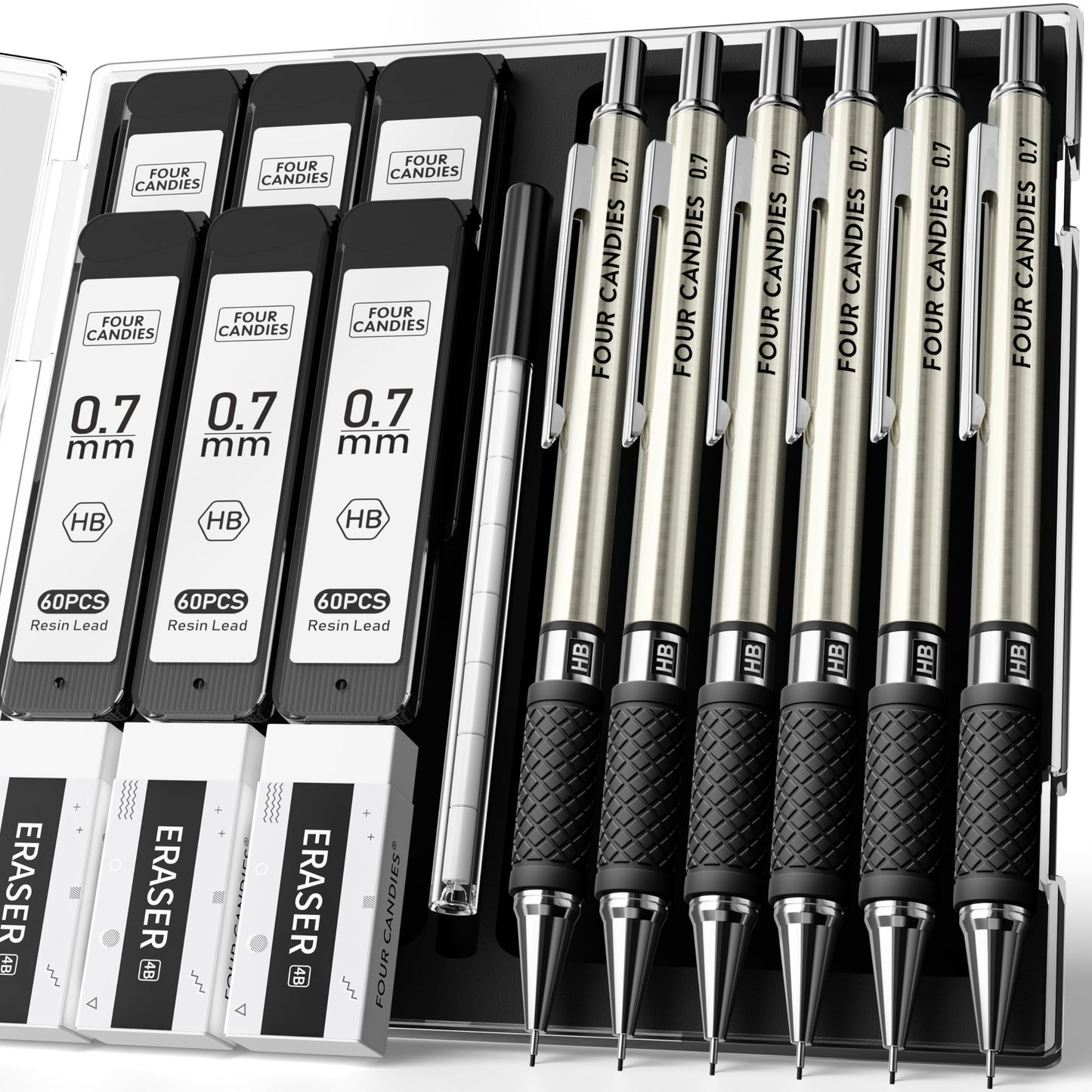 Four Candies Metal Mechanical Pencil Set - 6PCS 0.7mm Art Mechanical Pencils & 360PCS HB Lead Refills & 3PCS Erasers & 9PCS Eraser Refills, Drawing Mechanical Pencils for Writing, Sketching/With Case