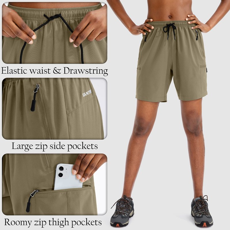 SANTINY Women's 5''/ 7''/9'' Hiking Cargo Shorts Quick Dry Lightweight Summer Shorts for Women Athletic Golf Zipper Pockets(Dusty Khaki_XL)