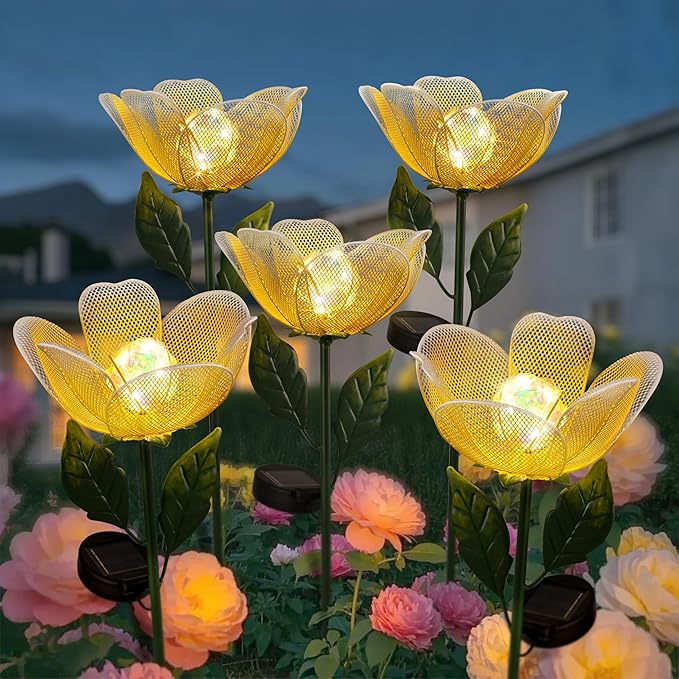 Flower Solar Lights for Outside,2 Pack Metal Flower Solar Lights for Outside,Tulip Solar Powered Garden Light Outdoor Decor,Housewarming Ornament for Patio, Lawn, Yard, Pathway (Breathing Light)
