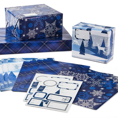 Hallmark Christmas Flat Wrapping Paper Sheets with Gift Tag Seals - Snowflakes, Deer, Tartan Plaid Gift Wrap Paper (12 Sheets, 16 Gift Tag Stickers) for Holiday Parties, Hanukkah, Winter Weddings