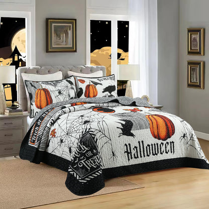 MarCielo 3 Pcs Halloween Themed Quilt Bedspread Set - Cozy and Spooky Pumpkin and Ghost Pattern (Halloween, Queen)