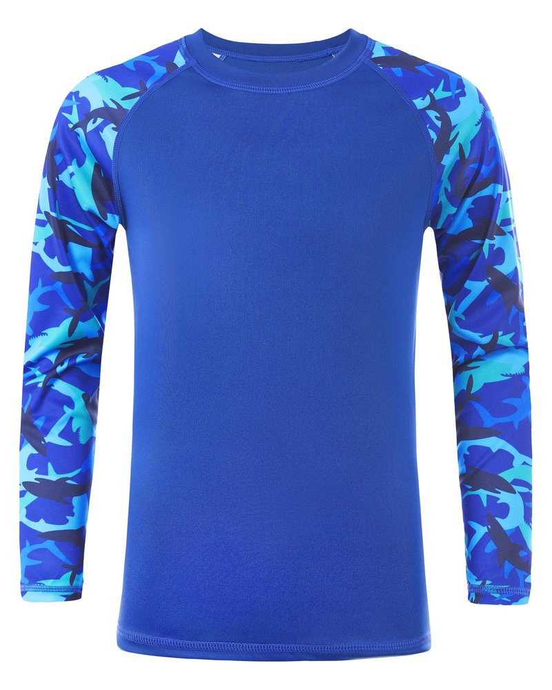 DRONIRING Boys' UPF 50+ Rash Guard Swim Shirts, Youth Kids UV Sun Protection Long Sleeve, Water Shirts for Fishing Beach Ocean Blue