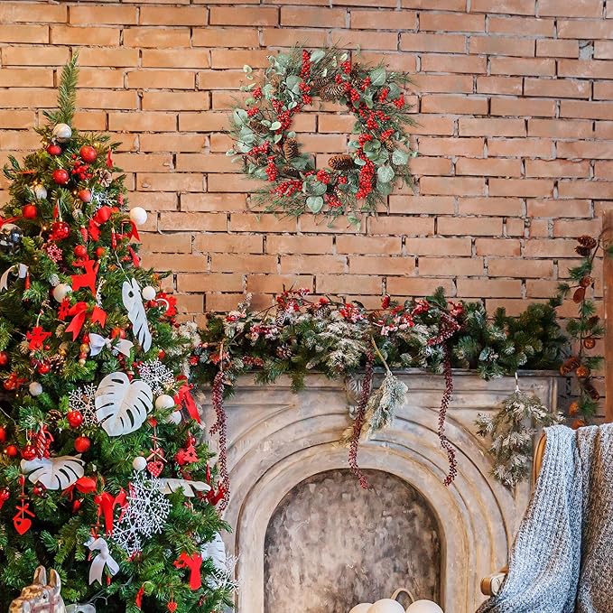 YNYLCHMX 22 Inch Winter Wreath for Front Door, Winter Wreath with Eucalyptus Leaves Red Berry Pine Cones Pine Needle, Artificial Door Wreaths for Indoor Farmhouse Holiday Decoration