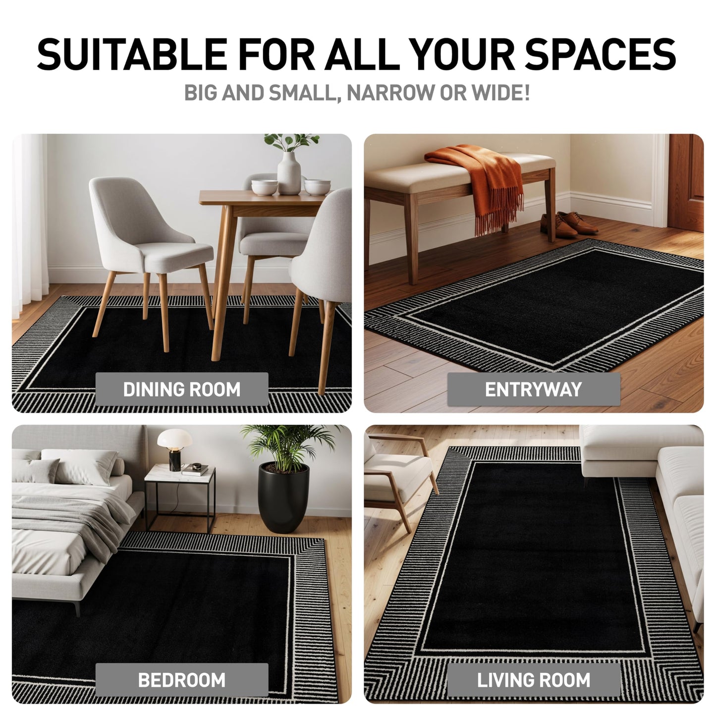 Rugshop Modern Distressed Bordered Indoor Area Rug for Living Room,Bedroom,Kitchen Rug Low Pile Rug with Jute Backing 5' x 7' Black
