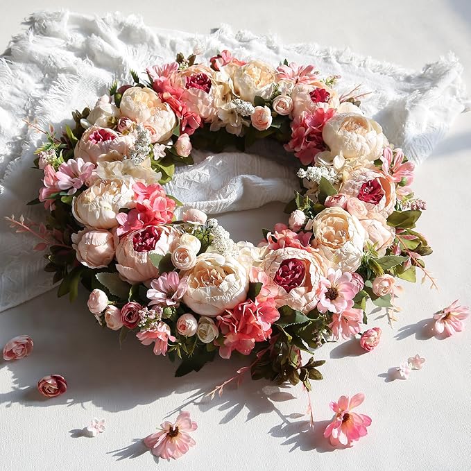 Peony Wreath 23" Floral Artificial Wreath for Front Door Wall Decor Home Décor Festival Celebration Wedding Party New Owners Seasonal Decoration Housewarming Gifts EZsenses (Light Pink)
