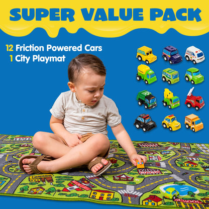 JOYIN Kids Toy Rug Gift Set-City Playmat with Road Tracks & 12 Vehicles,Educational Carpet for Boys Girls,City Pretend Play,Durable Playroom Toy Mat for Kids,148x80cm