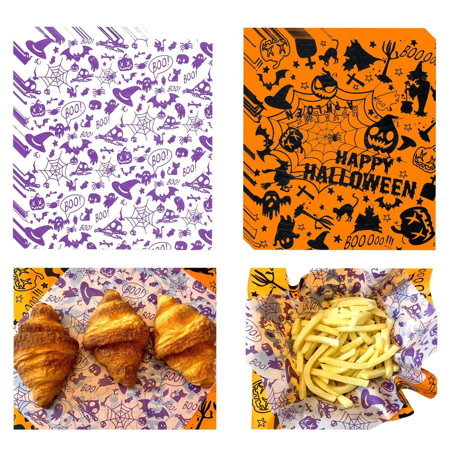 Suiwen 300pcs Halloween Wax Paper Sheet, Food Picnic Printed with Ghost, Spider, Pumpkin and Spiderweb, Greaseproof, Waterproof Dry Hamburger Liners Wrapping Tissue (Black, Purple&Orange)