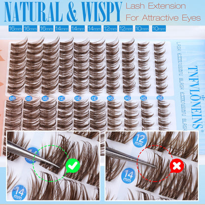 Brown Lash Clusters Kit Manga Lash Extension Kit Natural Eyelash Clusters Wispy 10-16MM Individual Lashes Clusters Anime Eyelash Extension Kit with Bond and Seal and Tweezers by TNFVLONEINS