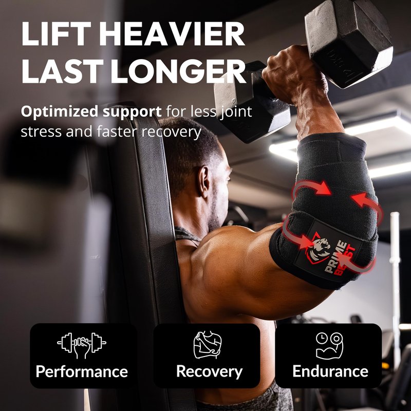 Prime Beast Hybrid Elbow Wraps for Weightlifting, Compression Sleeve and Adjustable Wrap Support for Bench Press, Powerlifting, and Gym Training (1 Pair) (Black, Medium)