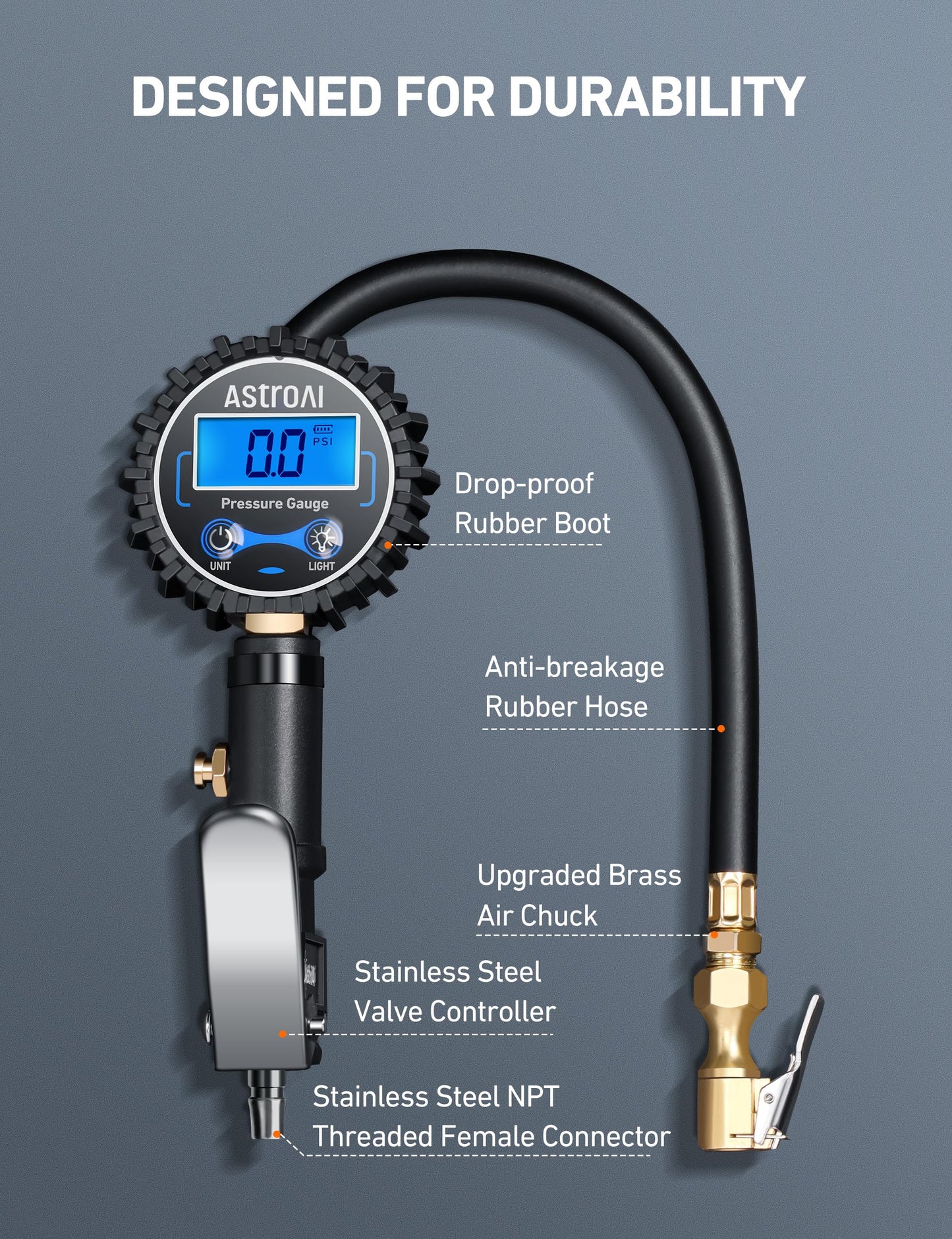 AstroAI Digital Tire Pressure Gauge with Inflator(3-250 PSI 0.1 for Display Resolution), Heavy Duty Air Chuck and Compressor Accessories with Rubber Hose and Quick Connect Coupler, Blue