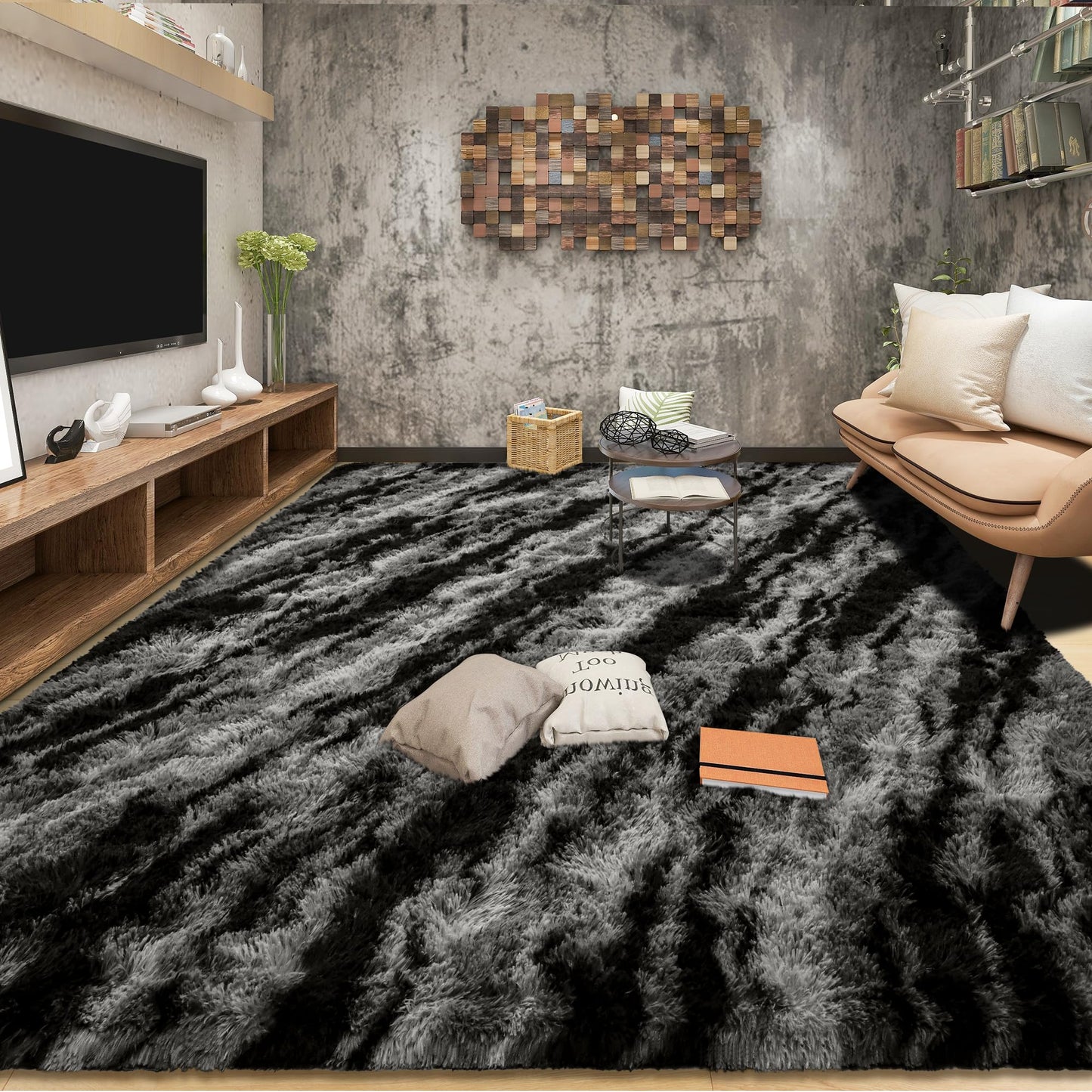 Tepook Fluffy Large Rugs for Living Room, 8x10 Area Rugs for Bedroom, Modern Shag Fuzzy Carpets for Kids Boys Girls, Plush Indoor Nursery Home Decor Rug with Non-Slip Bottom, Black Grey