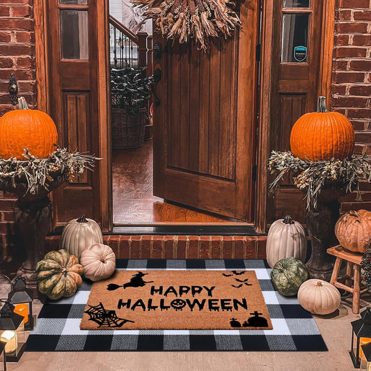 Homydecor Halloween Decor Doormat Combo Set, 100 Percent Coco Coir Welcome Mat + 28X43 Inches Black and White Plaid Rug - Halloween Front Porch Entryway Decor Floor Mat, Outdoor Mats Happy Halloween