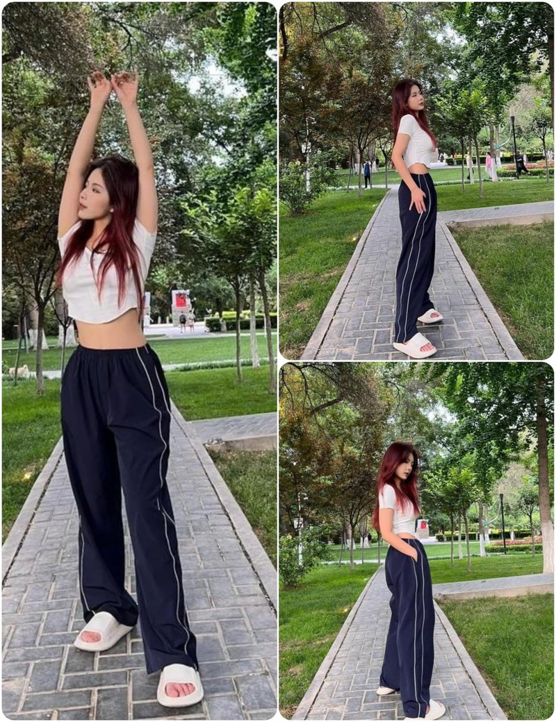 Springrain Womens Wide Leg Track Pants Slouchy Stripe Detail Jogger Sweatpants with Pockets(Navy-M)